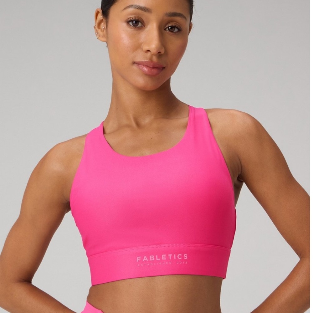 Fabletics No-Bounce High Impact Sports Bra in pink crush/strawberry milkshake